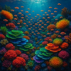Neon Reef: School of Clownfish in a Color-Saturated Tropical Garden