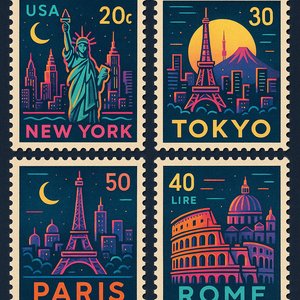 Neon Retro World Cities — Vintage Postage Stamps