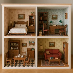 Open Dollhouse with Four Detailed Rooms and Miniature Furnishings