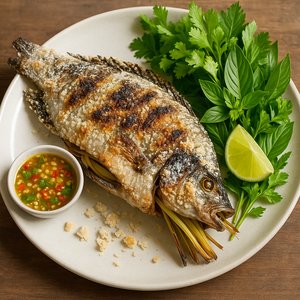 Photorealistic Pla Pao — Grilled Salt-Crusted Fish Stuffed with Lemongrass