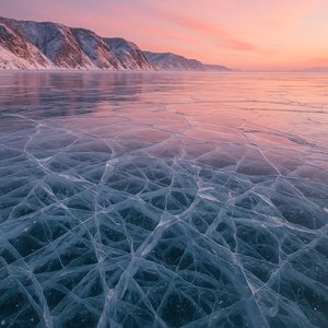 Pink Dawn on Lake Baikal: Crystal-Cleared Fractured Ice