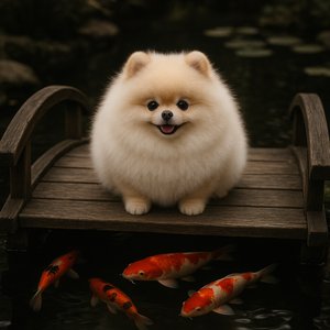 Puffy Pomeranian on a Koi Pond Bridge