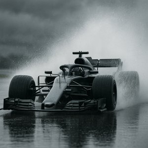 Rain-Soaked Formula-Style Racer Bursting Through Spray