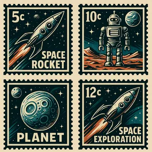 Retro Scifi Stamp Set Rockets Robots Planets