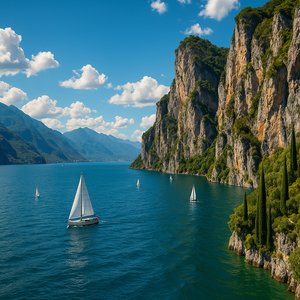 Sailboats on Lake Garda Beneath Dramatic Cliffs