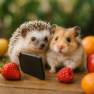 Selfie Pals: Hedgehog and Hamster on a Fruit-Studded Table