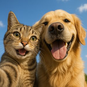 Selfie Pals: Smiling Tabby and Golden Retriever Under Blue Sky