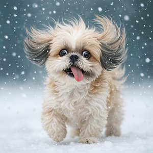 Snowbound Joy: Wind‑blown Shih Tzu with Tongue Out
