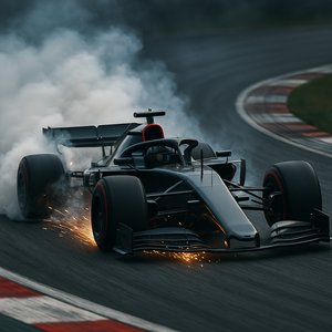 Sparks and Smoke: F1 Car Sliding Through a Curve