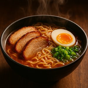 Steaming Bowl of Ramen with Chashu and Soft-Boiled Egg