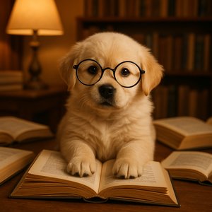Study Buddy: Fluffy Labrador Puppy in Glasses
