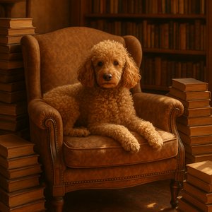 Study Companion: Curly Poodle in a Sunlit Library