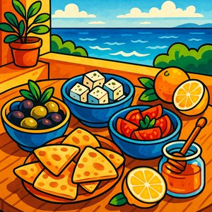 Sunlit Mediterranean Snack Table (Cartoon Style)