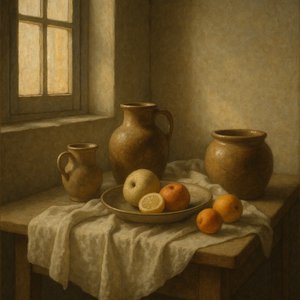 Sunlit Still Life with Pottery and Fruit