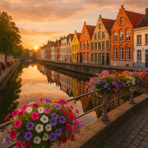 Sunrise Over Bruges: Colorful Canal Houses and Flowered Bridges
