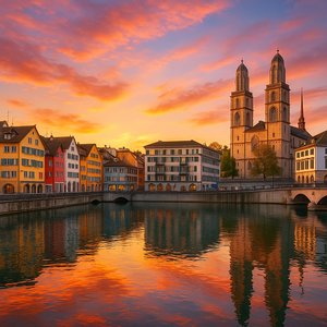 Sunset Over Zurich's Limmat: Old Town Reflections