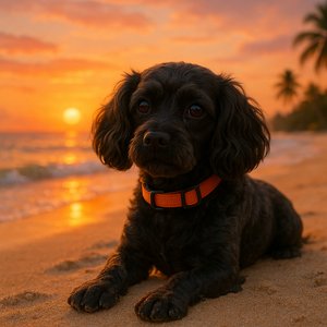 Sunset Stroll: Small Black Dog on a Tropical Beach
