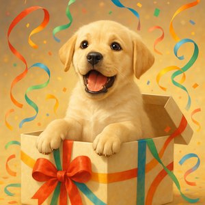 Surprised Labrador Puppy Popping Out of Gift Box