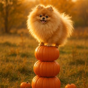 Tiny Balancing Act: Pomeranian on Pumpkins at Golden Hour