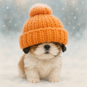 Tiny Shih Tzu with Oversized Orange Knit Hat in the Snow