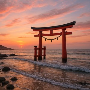 Torii Gate by the Sea at Sunset