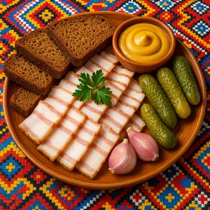 Traditional Ukrainian Salo Platter with Rye Bread and Pickles