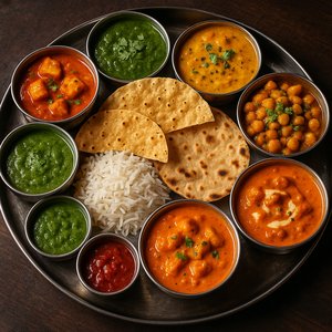 Vibrant Indian Thali Platter — Assorted Curries, Chutneys, Rice & Roti