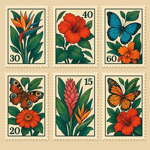 Vintage Botanical Stamp Set — Exotic Flowers & Butterflies