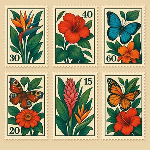 Vintage Botanical Stamp Set Exotic Flowers Butterflies