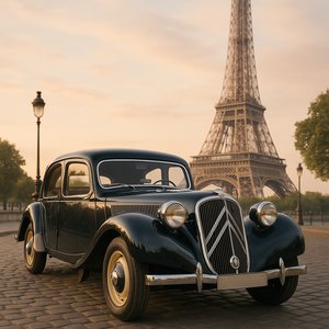 Vintage French Sedan by the Eiffel Tower