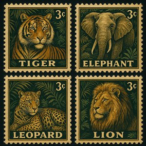 Vintage Wildlife Stamps — Tigers, Elephants & Big Cats