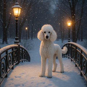 Winter Evening Poodle on a Snowy Bridge