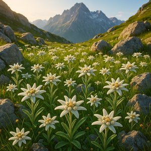 Alpine Edelweiss Meadow at Golden Hour
