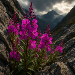 Alpine Fireweed in Dramatic Light