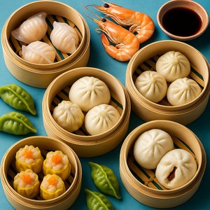 Assorted Dim Sum in Bamboo Steamers — Elegant Flat-Lay