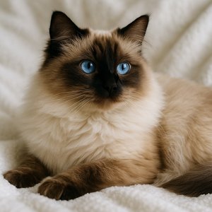 Blue-Eyed Ragdoll on Soft White Blanket