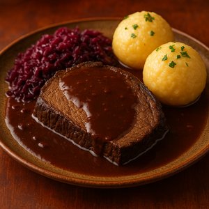 Classic Sauerbraten with Red Cabbage and Potato Dumplings