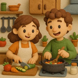 Clay-Style Couple Cooking Together