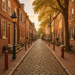 Cobblestone Lane in Philadelphia's Old City at Golden Hour