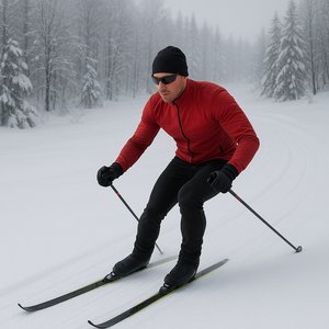 Controlled Descent: Cross-Country Skier on Fresh Snow