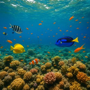 Coral Reef Symphony: Tropical Fish Amid Sunlit Waters