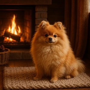 Cozy Pomeranian by the Fireplace