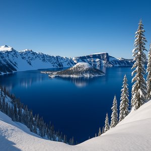 Crater Lake in Winter — Deep Blue Caldera Under a Clear Sky