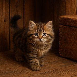 Curious Siberian Kitten in a Rustic Wooden Room
