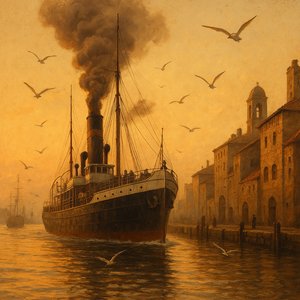 Departure at Dusk — Vintage Steamship