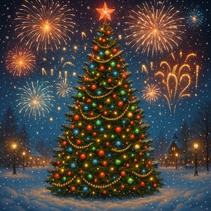 Festive Night: Christmas Tree and New Year Fireworks