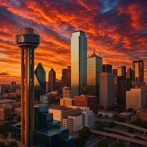 Fiery Sunset Over Dallas Skyline with Reunion Tower
