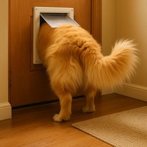 Fluffy Escape: Golden Retriever Halfway Through Doggy Door