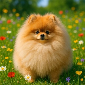 Fluffy Pomeranian in a Spring Meadow