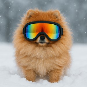 Fluffy Pomeranian in Oversized Ski Goggles